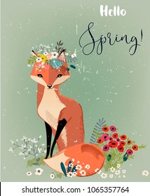 cute fox with floral wreath