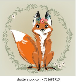 cute fox with floral wreath