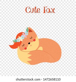 Cute fox in floral wreath sleeping isolated on transparent background, woodland doodle animal, foxy life, funny fox sleep Cartoon flat vector hand drawn illustration, scandinavian style, icon clip art