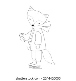 El zorro lindo con una flor. Ilustración en blanco y negro. Página para el libro de colorear.