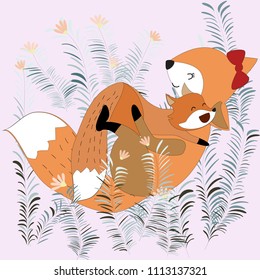 Cute fox in the flower garden cartoon doodle pattern
