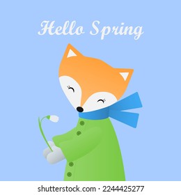 Feiner Fuchs mit einer Blume. Frühlingspostkarte. Hallo Frühling.