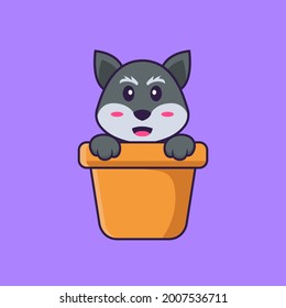 Cute fox in a flower vase. Animal cartoon concept isolated. Can used for t-shirt, greeting card, invitation card or mascot. Flat Cartoon Style