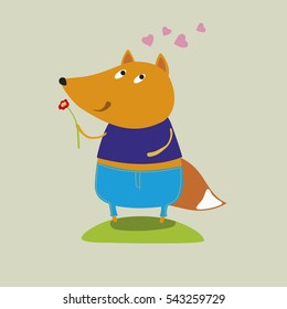 Cute fox with flower .Vector  illustration .  Spring.  Card, poster, banner.