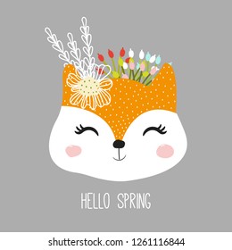 Cute Fox with a flower wreath. Hello spring. For print. Hand-drawn.