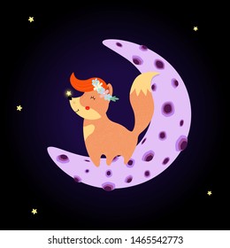 Cute fox in flower wreath on head and ginger forelock stand on moon in night sky with glowing star on nose, good night card for baby. Cartoon flat vector hand drawn illustration, scandinavian style