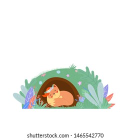 Cute fox in Flower wreath sleep in foxhole isolated on white background, woodland sweet animal kids design, baby girl print. Cartoon flat vector hand drawn illustration, scandinavian style, clip art