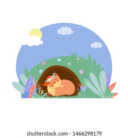 Cute fox in flower wreath sleep in foxhole at sunny day, nature, woodland sweet animal kids design, baby girl print, nursery logo Cartoon flat vector hand drawn scandinavian illustration, clip art