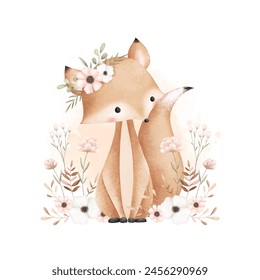 Cute Fox and Flowers in the Beautiful Garden