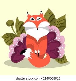 Cute fox with flowers. Beautiful image for postcards and other printed materials, simple forms, minimalism.
