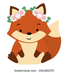 Cute fox with flowers on his head. Isolated on a white background.