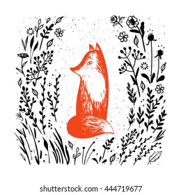 Cute fox, flowers and plants. Vector illustration. 