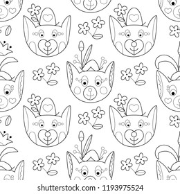 Cute fox with flowers seamless pattern.
