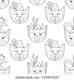 Cute fox with flowers seamless pattern.