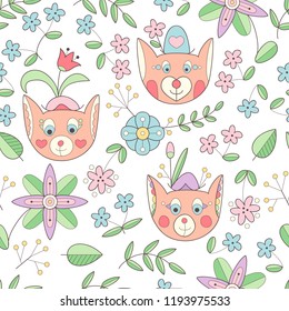 Cute fox with flowers seamless pattern.