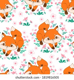 Cute fox and flowers seamless pattern sketch print design beautiful forest animal for baby background textile for newborns design vector illustration 