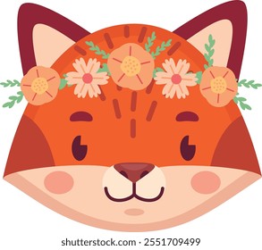 Cute fox in flowers. Spring forest animal avatar isolated on white background