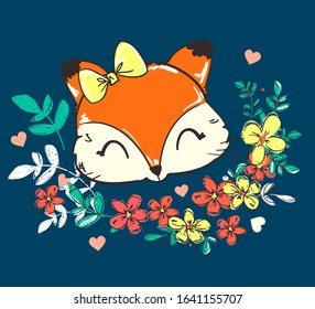 Cute fox and flowers. Vector illustration. Sketch print design beautiful forest animal for baby t-shirt, background, textile. For newborns design elements.