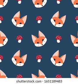Cute fox and fly-agaric mushroom seamless pattern. Blue background. Vector repeat ornament