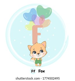 Cute fox flying with alphabet-a balloon. Art vector illustration. Cute Animal Alphabet Series A-Z. 