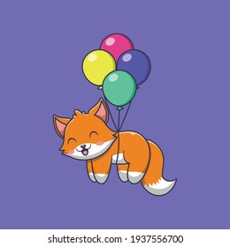 cute fox flying with balloon