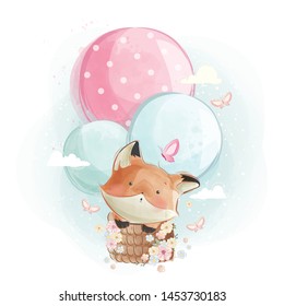 Cute Fox Flying with Balloons