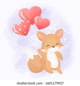 cute fox flying with balloons, animals illustration, cartoon animals, watercolor illustration.