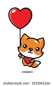 cute fox flying with a love balloon