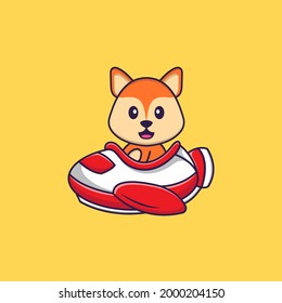 Cute fox flying on a plane. Animal cartoon concept isolated. Can used for t-shirt, greeting card, invitation card or mascot.