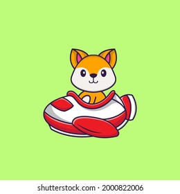 Cute fox flying on a plane. Animal cartoon concept isolated. Can used for t-shirt, greeting card, invitation card or mascot.