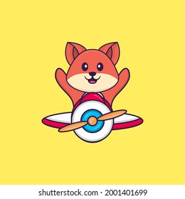 Cute fox flying on a plane. Animal cartoon concept isolated. Can used for t-shirt, greeting card, invitation card or mascot.