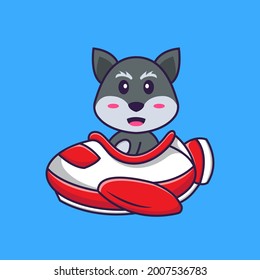 Cute fox flying on a plane. Animal cartoon concept isolated. Can used for t-shirt, greeting card, invitation card or mascot.