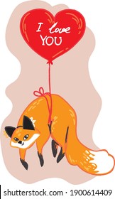 Cute fox flying on a red heart-shaped balloon which reads "I love you"