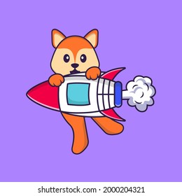 Cute fox flying on rocket. Animal cartoon concept isolated. Can used for t-shirt, greeting card, invitation card or mascot.