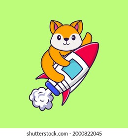 Cute fox flying on rocket. Animal cartoon concept isolated. Can used for t-shirt, greeting card, invitation card or mascot.
