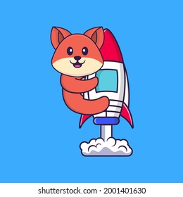 Cute fox flying on rocket. Animal cartoon concept isolated. Can used for t-shirt, greeting card, invitation card or mascot.