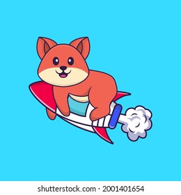 Cute fox flying on rocket. Animal cartoon concept isolated. Can used for t-shirt, greeting card, invitation card or mascot.