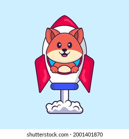 Cute fox flying on rocket. Animal cartoon concept isolated. Can used for t-shirt, greeting card, invitation card or mascot.