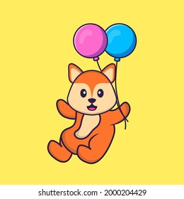 Cute fox flying with two balloons. Animal cartoon concept isolated. Can used for t-shirt, greeting card, invitation card or mascot.