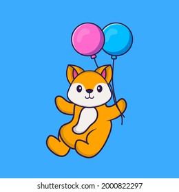 Cute fox flying with two balloons. Animal cartoon concept isolated. Can used for t-shirt, greeting card, invitation card or mascot.