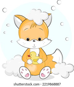 cute fox with foam and duck