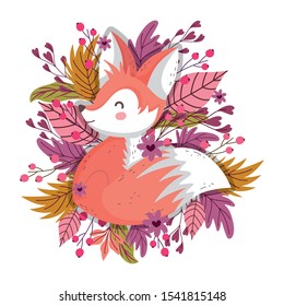 cute fox foliage leaves berries autumn on white background vector illustration