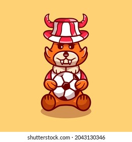 cute fox football supporter with ball and hat, suitable for football fans t-shirt or animal icon design