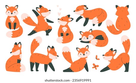 Cute fox forest animal cartoon character with various emotion and action isolated set. Carnivorous predator mascot playing, sitting, jumping, doing yoga training exercise vector illustration