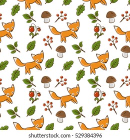 Cute fox with forest elements Vector pattern for your design