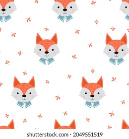 Cute fox with forest plants seamless pattern on a white background. Vector illustration for textile, fabrics, nursery interiors.