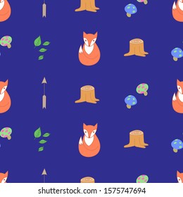 Cute fox and forest seamless pattern, background, cartoon, hand drawn