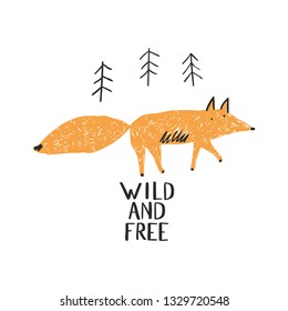 Cute fox in the forest. T-shirt graphics for kids vector illustration. Scandinavian design. Fir forest and fox.