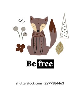 Cute fox in the forest. T-shirt graphics for kids vector illustration. Scandinavian design. Fir forest and fox.