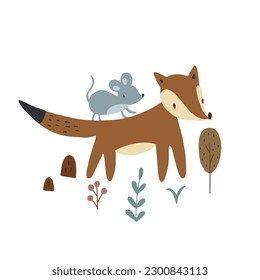 El zorro lindo en el bosque. Gráficos de camisetas para niños ilustraciones vectoriales. Diseño escandinavo. Bosque de aves y zorro.